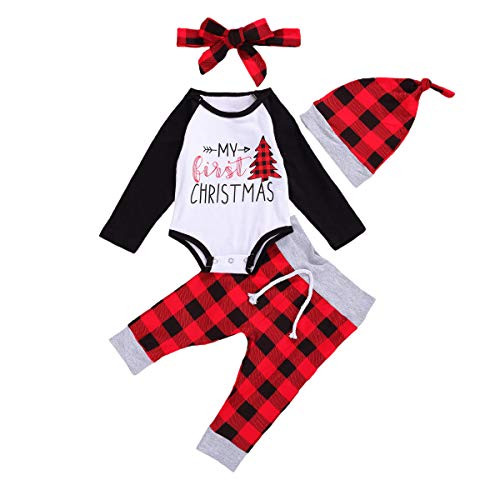 My First Christmas Baby Boy Girl Newborn Plaid Clothes Romper - Pants - Headband - Hat 4Pcs 1st Xmas Outfit Set -0-3 Months-
