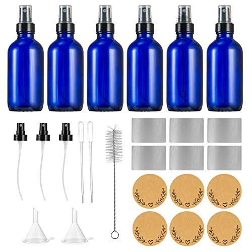 CCTVMTST 6 Pack 4oz 120ml Blue Glass Spray Bottles with Fine Mist Sprayer for Essential Oils  Perfumes  Included 3 Extra Sprayers  1 Brush  2 Funnels