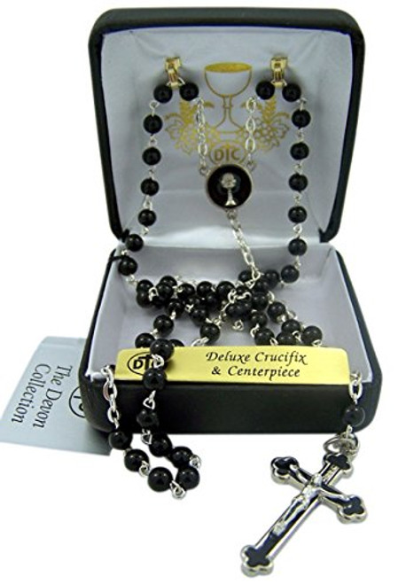 First Communion Black Prayer Bead Rosary with Enamel Chalice Centerpiece, 12 Inch First Communion Black Prayer Bead Rosary with Enamel Chalice Centerpiece, 12 Inch