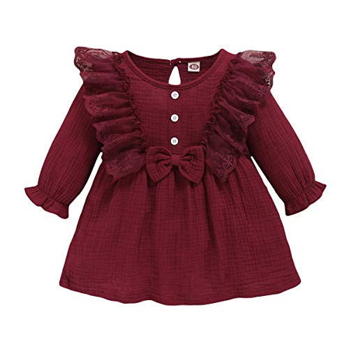 Toddler Baby Girls Fall Clothing Solid Color Cotton Lace Skirt Winter Dress Long Sleeve Skirt Outfits -12-18 Months  Wine Red-