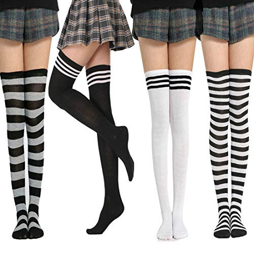 TianBo 3-4 Pairs Womens Thigh High Socks Cotton Striped Over the Knee Socks Long Knee High Socks for Women girl -J-4 pairs- TianBo 3-4 Pairs Womens Thigh High Socks Cotton Striped Over the Knee Socks Long Knee High Socks for Women girl -J-4 pairs-