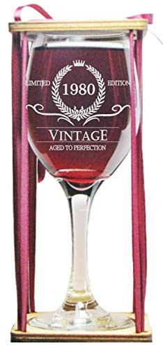 Vintage 1980 Stemmed Wine Glass with Charm and Presentation Packaging