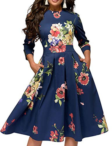 Simple Flavor Womens Floral Vintage Dress Elegant Midi Evening Dress 3-4 Sleeves -0589Blue  Small-