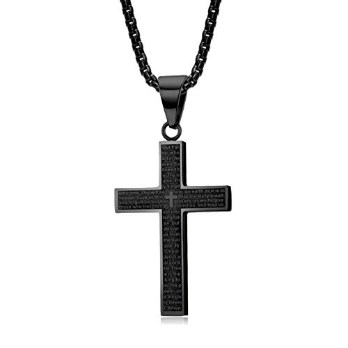 Rnivida Mens Black Cross Pendant Necklace Lords Prayer Stainless Steel Necklace Jewelry for Mens Womens -Black-