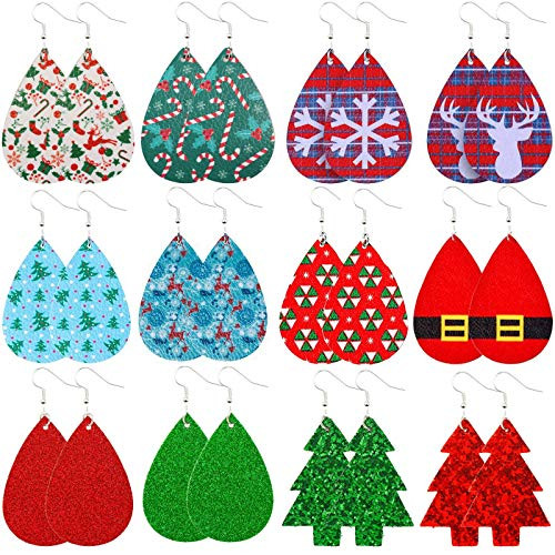 12 Pairs Christmas Earrings for Women Dangle Xmas Faux Leather Teardrop Lightweight Holiday Earrings Bulk for Teens Girls