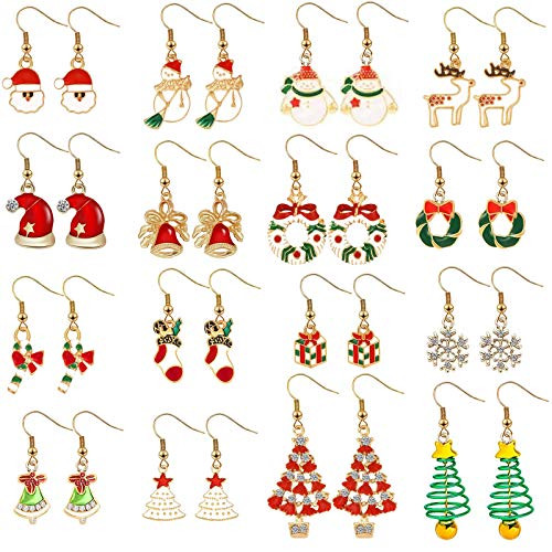 16 Pairs Christmas Earrings for Women Dangle Xmas Faux Leather Teardrop Lightweight Holiday Earrings Bulk for Teens Girls