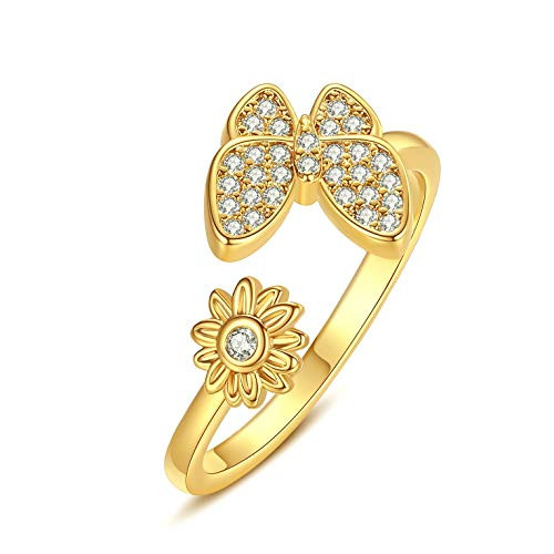 HOBT Butterfly Ring Sunflower Ring Cubic Zirconia 14k Gold Plated Butterflies Adjustable Ring for Women