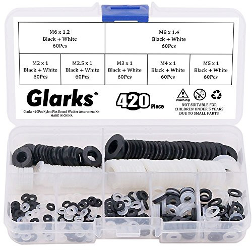 Glarks 420Pcs Black and White Nylon Flat Round Washer Assortment Kit - M2 M2.5 M3 M4 M5 M6 M8