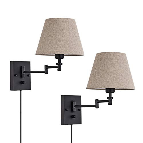 Wall Sconce Sets of 2 Wall Lamps with Plug in Cord Adjustable Swing Arm Wall Lights Bedroom Fabric Shade Wall Mount Sconce Fixtures for Living Room Be