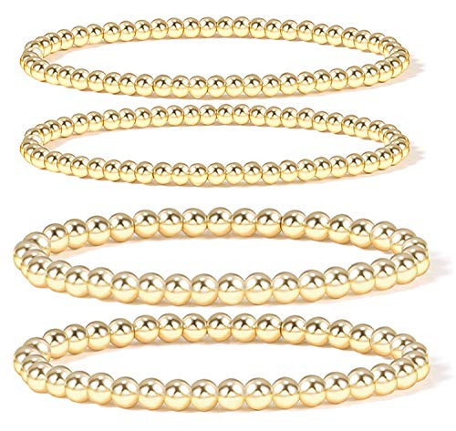 Elegance 11 designs Gold Bead Bracelet for Women 14K Gold Plated Bead Ball Bracelets Stretchable Elastic Bracelets-4 pcs Set Solid Bead-Bracelets - Go