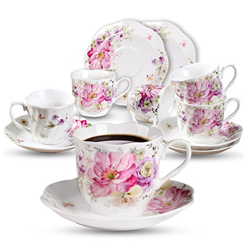 2.8 Ounce Espresso Coffee Cup Set of 6 - Floral Porcelain 80 ML Cups and Saucers Set- Fine Bone China Espresso, Coffee Cups and Saucers Set for Specialty Coffee Drinks, Latte, Cafe Mocha