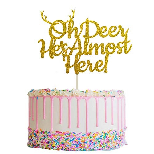 Oh Deer Cake Topper  Gold Glitter Oh Deer Hes Almost Here Cake Topper for Deer Baby Shower Decorations Boy  Woodland Creatures Baby Shower Party Tabl