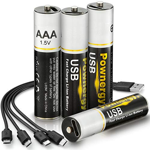 Pownergy Rechargeable Lithium AAA Batteries 4Packs 1100 mWh Constant Output 1-5V Li-ion AAA Battery 2H Fast Charge Lithium Battery AAA with USB Cabl Pownergy Rechargeable Lithium AAA Batteries 4Packs 1100 mWh Constant Output 1-5V Li-ion AAA Battery 2H Fast Charge Lithium Battery AAA with USB Cabl