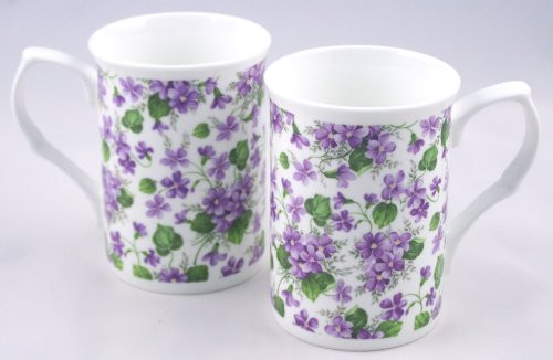 Fine English Bone China Mugs - Wild Violet Chintz - Set of Two Fine English Bone China Mugs - Wild Violet Chintz - Set of Two