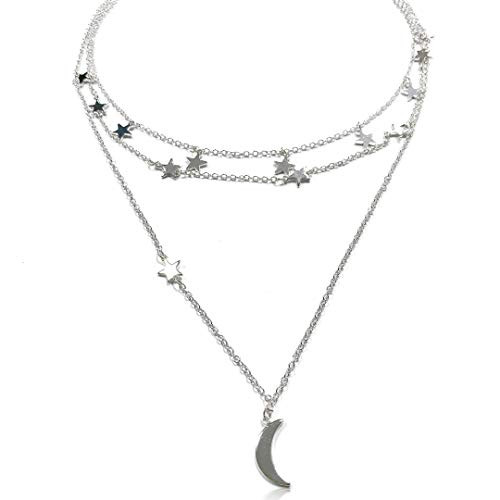 Dainty Layered Necklace Star Moon Pendant Silver Choker Necklace Crescent Moon Charm Multilayer Star Chain Jewelry for Women Mother Gift Dainty Layered Necklace Star Moon Pendant Silver Choker Necklace Crescent Moon Charm Multilayer Star Chain Jewelry for Women Mother Gift