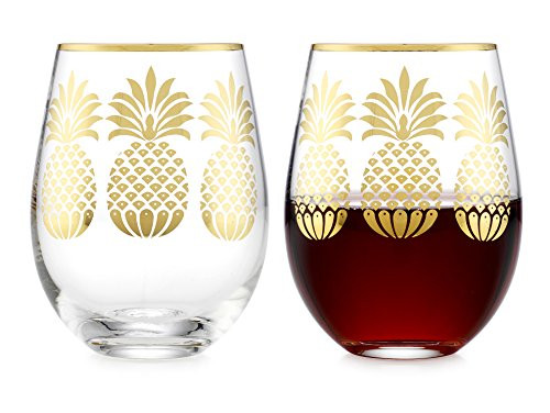 Elegant Home Personalized Gift Set of Two 19 Oz. Stemless Wine Glass - unique Novelty - Gag Gift. (Pineapple Gold)