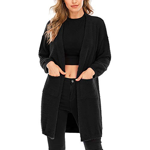 Aojo Womens Long Sleeve Open Front Cardigans Sweaters Casual Chunky Knit Plush Coat Outwear with Pockets Black