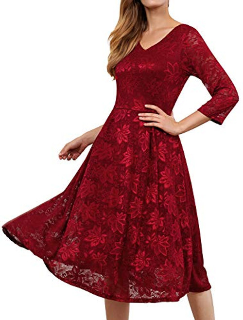 Noctflos Womens Winter 3-4 Sleeves Lace Midi Cocktail Dress for Women Evening Party Wedding -X-Large  Burgundy-