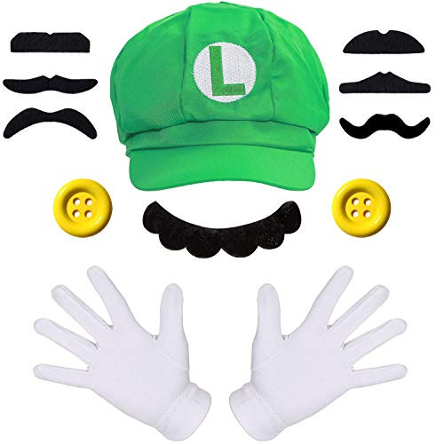 MOVINPE Super Mario Bros Hat Baseball Cap  Fake Mustaches  White Gloves  Yellow Buttons  Unisex Halloween Costume Cosplay for Adult Kids -Green Luigi