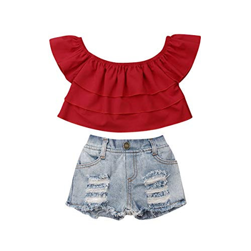 Toddler Baby Girl 3Pcs Clothes Off Shoulder Blouse Tops - Ripped Jeans Pants - Bowknot Headband Outfits -Red  5-6 Years-