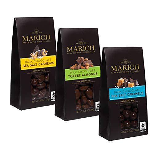 Marich Premium Chocolate Gable Boxes Variety Pack  4-25 Oz -Pack of 3-  1 Dark Chocolate Sea Salt Cashews  1 Milk Chocolate Toffee Almonds  1 Dark Ch