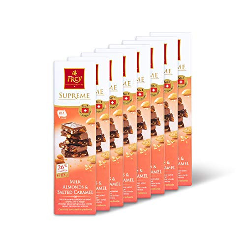 Frey Milk Chocolate Crunchy Nut Bar with Almonds and Salted Caramel - Premium Swiss Chocolate - GMO Free - Rainforest Alliance Certified - 26 Almonds -