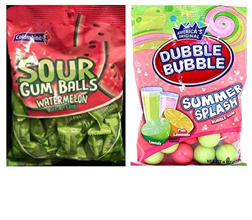 COLOMBINA SOUR GUM BALLS WATERMELON FLAVORED AND DUBBLE BUBBLE SUMMER SPLASH PINK LEMONADE AND LIMEADE FLAVORED GUM BALLS - 1 PACK OF EACH -