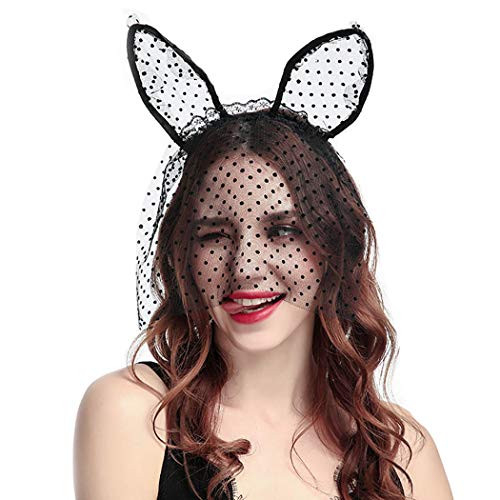 Drecode Sexy Lace Bunny Ears Veil Headbands Black Cat Ear Headband Nightclubs Masquerade Halloween Cosplay Hair Accessories for Women and Girls