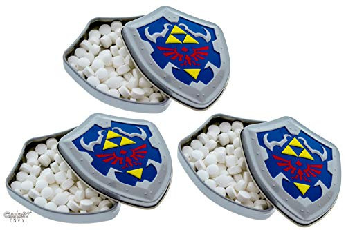 Nintendo Zelda Mint Filled Tin - Link Shield Shaped Tins - Includes How To Build a Candy Buffet Guide -3 Pack-