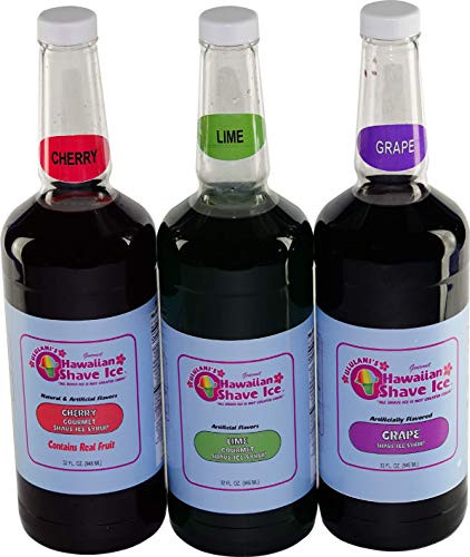 Ululanis Hawaiian Shave Ice - Gourmet Shave Ice Syrup 3 Quart Malahini Pack - Flavors Cherry  Lime  Grape