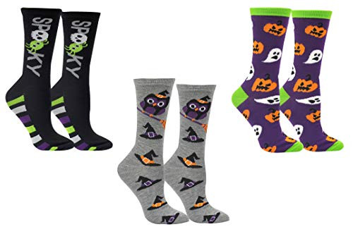 Everything Legwear Halloween Crew Socks -Packs- - Cat Witch Hat Spooky Pumpkin Ghost Owl - Fits Ladies Shoe Size 4-10 -3 Pair Crew-