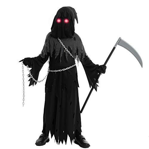 Spooktacular Creations Child Unisex Glowing Eyes Reaper Costume for Creepy Phantom Halloween Costume -X-Large-12-14 yr-- Black