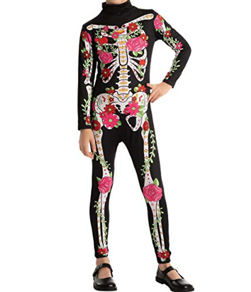 Child Girl Floral Skeleton Costume -Large-10-12 yr-- Child Girl Floral Skeleton Costume -Large-10-12 yr--