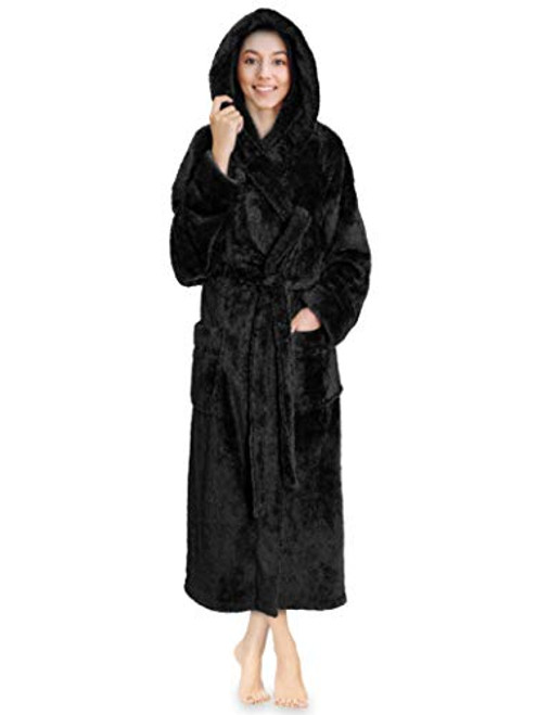 PAVILIA Women Hooded Plush Soft Robe - Fluffy Warm Fleece Sherpa Shaggy Bathrobe -S-M  Black-