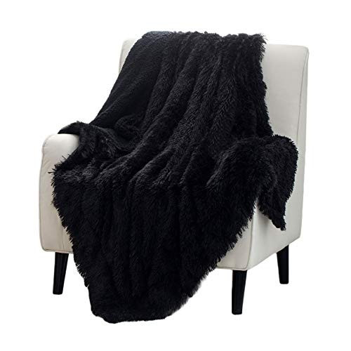Bedsure Soft Fuzzy Faux Fur Sherpa Fleece Twinhrow Blanket Black- Warm Thick Fluffy Plush Cozy Reversible Shaggy Blanket for Sofa and Bed -Comfy Furry