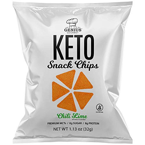 Genius Gourmet Protein Keto Chips Low Carb Premium MCTs Gluten Free Keto Snack -Chili Lime- Pack of 8 1-13 oz- -32 g- Each Genius Gourmet Protein Keto Chips Low Carb Premium MCTs Gluten Free Keto Snack -Chili Lime- Pack of 8 1-13 oz- -32 g- Each
