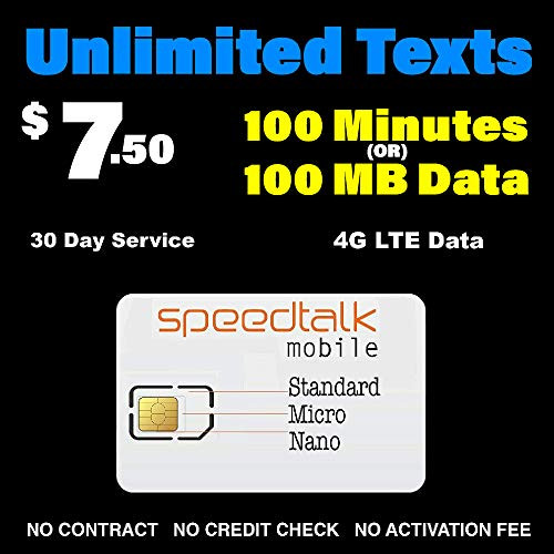 7-50-Month - Unlimited Texts -SMS- - 100 Minutes -Talk- OR 100MB 4G LTE Data - 3-in-1 SIM Card - 30 Days Nationwide Service