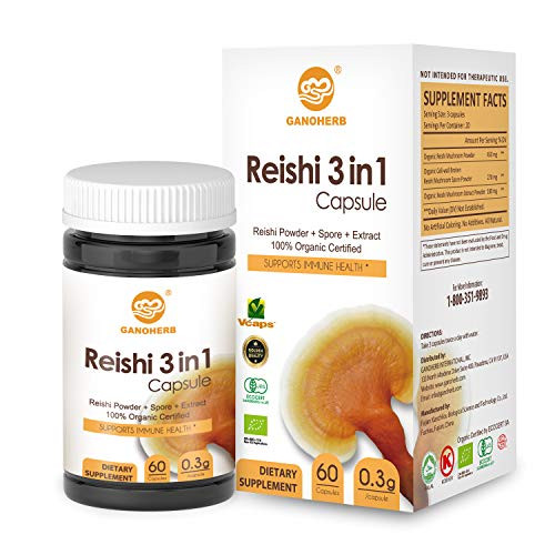 GANOHERB Organic 3 in 1 Reishi Capsules with 100 Ganoderma Lucidum Powder - Spore- Extract for Boost Immune System Vegan All Natural Non-GMO and Gluten GANOHERB Organic 3 in 1 Reishi Capsules with 100 Ganoderma Lucidum Powder - Spore- Extract for Boost Immune System Vegan All Natural Non-GMO and Gluten