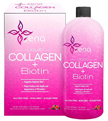 Zena Liquid Collagen - Biotin  2500mg of Bioactive Collagen Peptides and 5000mcg Biotin  Verisol Formula  Hair  Skin  Nail and Joint Support  Grass-Fe