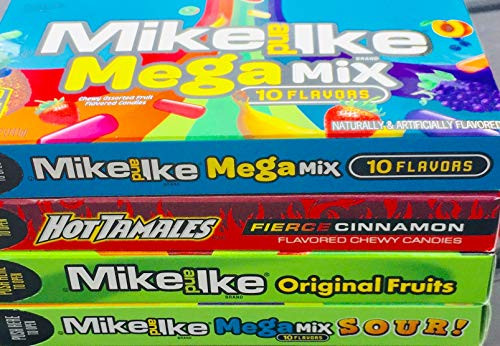 Mike and Ike and Hot Tamales 4 Box Set -Mike and Ike Megamix 10 Flavors - Hot Tamales Fierce Cinnamon - Mike and Ike Original Fruits - Mike and Ike Megamix Sour