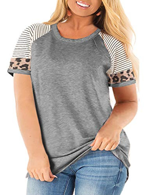 Womens Plus Size Tops Summer Cheetah Print Casual Striped Tunics Light Grey 3X 22W