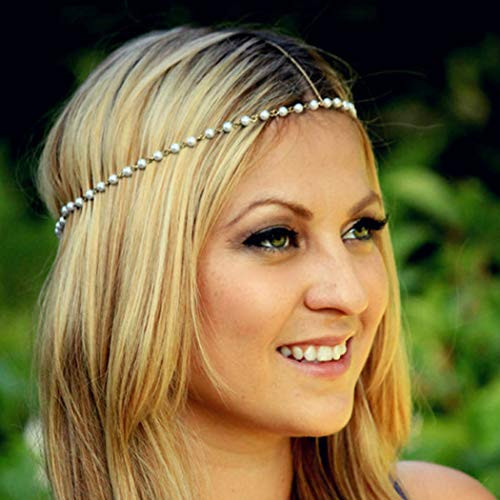 Asooll Gold Wedding Pearl Beads Head Chain Bride Headband Fashion Jewelry Festival Headpieces Prom Head Accessories for Women and Girls