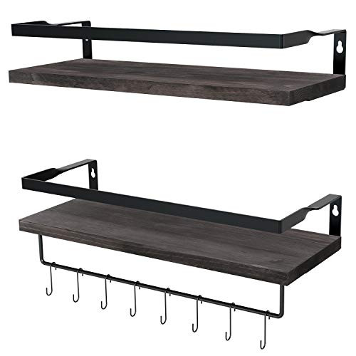 Floating Shelves Wall Mounted  NEARPOW Rustic Pine Wall Wood Shelves with Metal Fence  Removable Towel Holder and S Hooks  Floating Storage Shelf Book