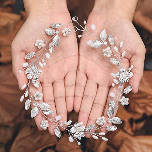 Casdre Flower Bride Wedding Hair Vine Silver Pearl Bridal Hair Accessories Crystal Hair Piece Headband for Women and Girls Casdre Flower Bride Wedding Hair Vine Silver Pearl Bridal Hair Accessories Crystal Hair Piece Headband for Women and Girls