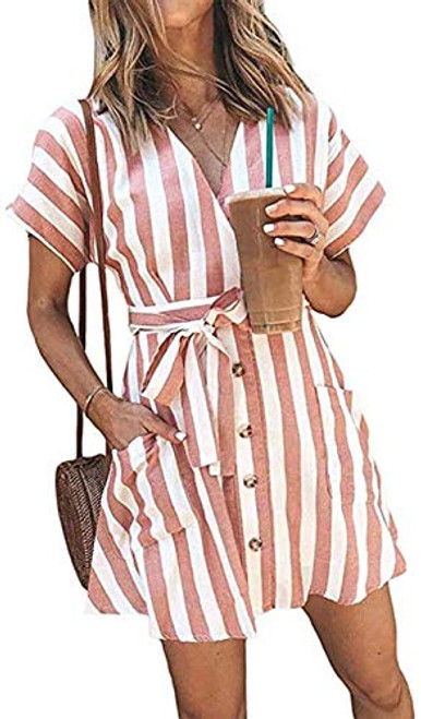 Ulrico1 Womens Stripe Short Sleeve Wrap V Neck Button Down Front Tie Dress Summer Casual Mini Shirt Dress with Pocket-Pink Striped Medium-