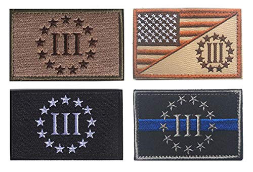 Antrix 4 PCS Tactical Three Percenter 3 Percent Thin Blue Line 3 Embroidered Morale Applique Fastener Hook and Loop Patch