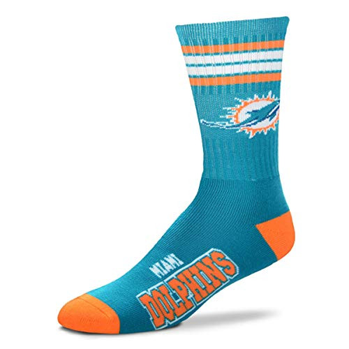 For Bare Feet NFL 4 Stripe Deuce Crew Socks Mens Large 10-13 - Miami Dolphins