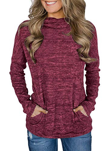 Unidear Womens Long Sleeve Cowl Neck Tunic Tops Casual Solid Plain Sweatshirts Pullover with Pockets 1Wine Red S