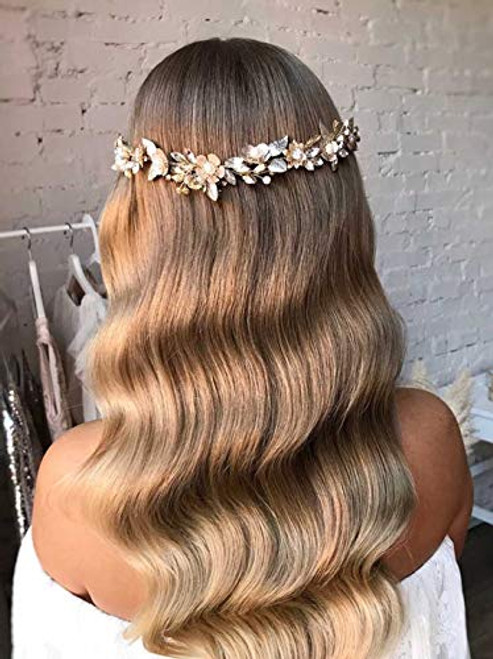 Catery Flower Bride Wedding Headband Silver Leaf Pearl Hair Vine Crystal Hair Jewelry Braid Headpiece Bridal Hair Accessories for Women and Girls