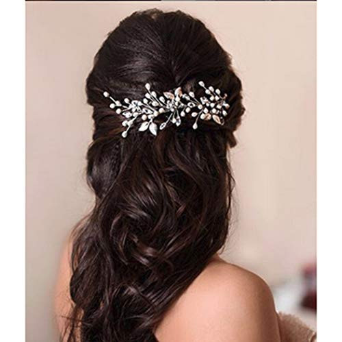 Catery Flower Bride Wedding Headband Silver Hair Piece Leaf Pearl Hair Vine Crystal Hair Jewelry Braid Headpieces Bridal Hair Accessories for Women an